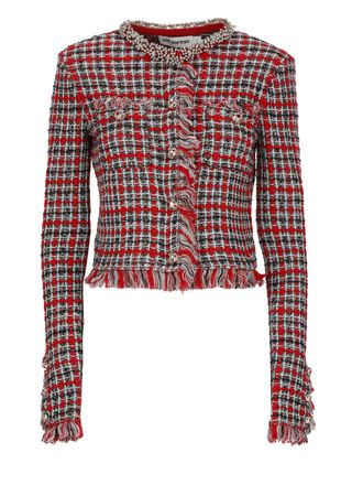 Self Portrait Vibrant Checkered Jacket With Fringed Edges And Jeweled Accents
