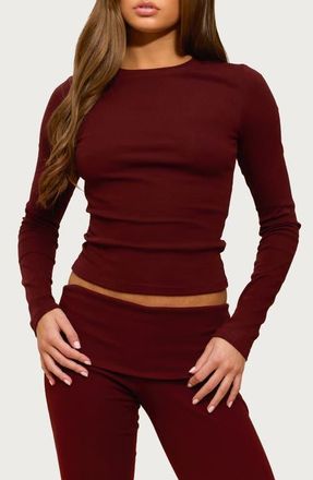 Edikted Ivanne Long Sleeve Stretch Cotton Top in Burgundy at Nordstrom, Size X-Small