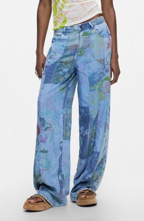 Desigual Mixed Print Denim Pants in Light Blue at Nordstrom, Size 36