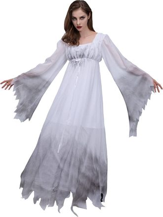 Generic Horror Zombie Costume Halloween Ghost Womens Cosplay Vampire Bride Comfortable Cheek Festival Gothic Solid Color Basic Asymmetrical White Dress