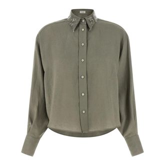 Brunello Cucinelli Linen Shirt With Sequin-Embroidered Collar - female - Brunello Cucinelli - Shirts - Green - M - Blouses & Shirts