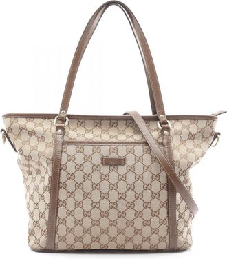 Gucci Beige Brown Canvas Leather Tote Bag (Pre-Owned)