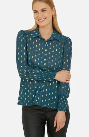 Yumi Diamond Foil Print Blouse in Teal at Nordstrom, Size 12