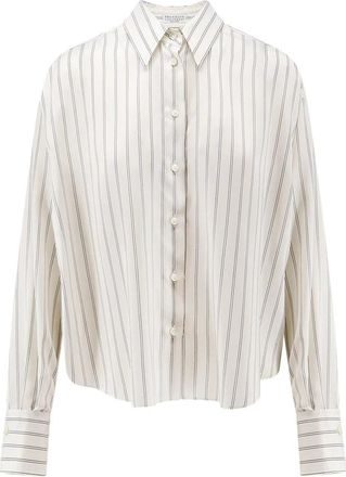 Brunello Cucinelli Zijden Blouse - Dames - Overhemden - Wit - M - Overhemden