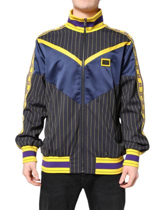 Dolce & Gabbana Mens Black Striped Logo Full Zip Bomber Jacket Virgin Wool Polyester Nylon Clothing