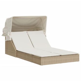 vidaXL Tumbona Doble Con Capota Y Cojines Rat&aacute;n Sint&eacute;tico Beige Vidaxl