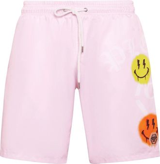 Philipp Plein Jogging Shorts met Smile Print - Heren - Strandmode - Roze - 4XL - Polyester - Badmode