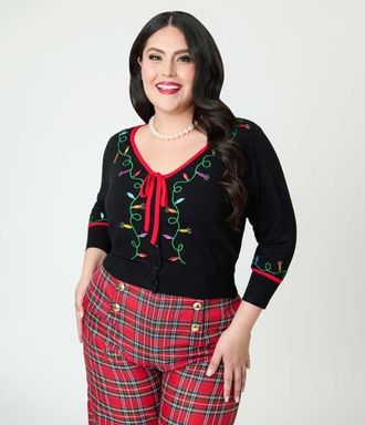 Unique Vintage Plus Size 1950s Crop Knit Cardigan in Black Lights at Nordstrom, Size 2 X