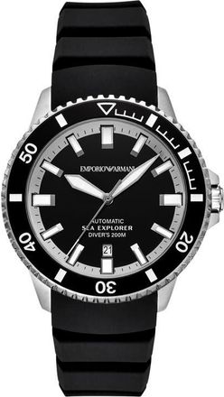 Emporio Armani Sea Explorer Silicone Strap Automatic Diving Watch, 42.5mm in Silver at Nordstrom