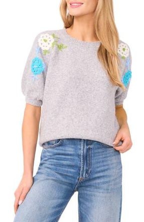 CeCe by Cynthia Steffe Floral Embroidered Short Sleeve Sweater in Silver Heather at Nordstrom Rack, Size X-Small