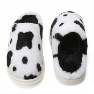 Generic Cow Slippers for Women, Cow Print Fluffy Faux Fur Lined House Shoes, Warm Winter Novelty Animal Slippers Fun Gift For Her (Black, M, Adult, Women, 3, 