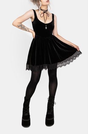 Disturbia Orbweb Lace Hem Velour Mini Dress in Black at Nordstrom, Size 16