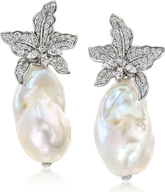 Ross-Simons Italian 15-16mm Cultured Baroque Pearl and CZ Floral Drop Earrings in Sterling Silver