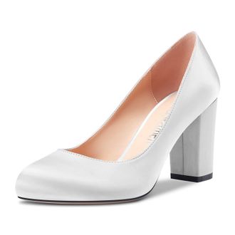 Castamere Women Chunky Block High Heel Round Toe Slip-on Pumps Court Shoe Wedding Party Dress 8 CM Heels Shoes White Satin 2.5 UK