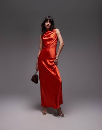 Topshop Vestito da cerimonia lungo arancione con giromanica arricciato