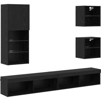 vidaXL TV Wall Units with LED Wall-mounted 5 pcs Black Oak Engineered Wood vidaXL