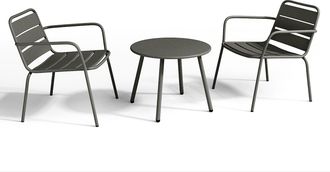 Vente-Unique Sal&oacute;n de jard&iacute;n de metal - 2 sillones bajos apilables y una mesa auxiliar - Gris antracita - MIRMANDE