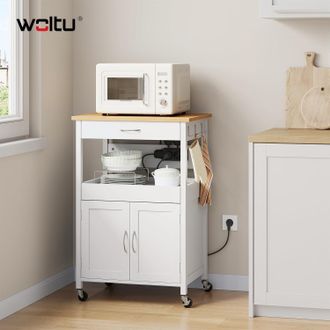 Woltu Woltu Aparador De Cocina, Isla De Cocina Con Almacenamiento, Con Ruedas Giratorias Y 2 Tomas De Ca, Estante Abierto Y Armario De 2 Puertas, Efecto Bam