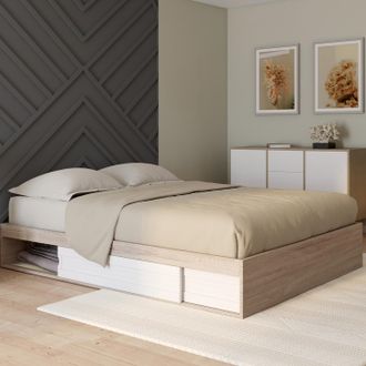 IDMarket Idmarket - Somier Salem Con Espacio De Almacenamiento Y Base De 140 X 190 Cm Efecto Madera Y Blanco