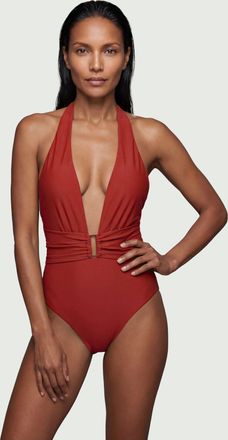 Karen Millen Womens Halter Neck Hardware Detail Plunge Swimsuit - Rust Nylon - Size X-Small
