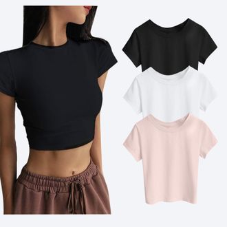 Generic Crop Tops Womens Sexy Short T-Shirt Basic Short Sleeve Crew Neck Tee Shirts Y2K Slim Fit Tops Vintage Aesthetic Outfit Summer Short Sleeve Shirt Casua