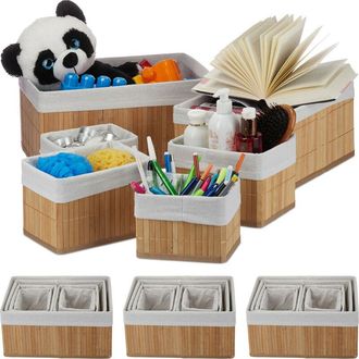 Relaxdays Relaxdays 4x Sets of 6 Bamboo Storage Baskets, Various Sizes, Shelves Organiser, Fabric Cover, Square, Decor, Natural