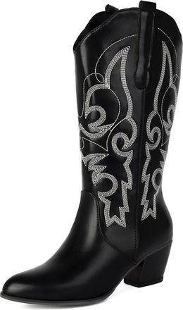 Generic Womens Western Cowboy Knee-High Boots with Rhinestone Embroidery Pointed Toe Low Block Heels PU Leather Comfortable Anti-Slip Wear-Resistant for Daily