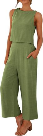 Generic Linen Sets for Women 2 Piece Outfits Sleeveless Tops + Capri Wide Leg Pants Summer Co Ord Set Womens Trouser Suits Tracksuits Loungewear Beach Travel 