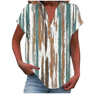 Generic Ladies Summer Tops Button Short Sleeve V Neck Tops Dressy Casual Hawaiian Shirts Cotton Linen Workout Holiday Tunic Blouses Loose Fitted Floral Boho W