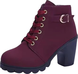 Generic Womens Ankle Boots Block Heel Lace-Up Zipper PU Leather Elegant Stylish Ladies Booties High Heels Casual Shoes Lightweight Cozy Autumn Winter size 6.5