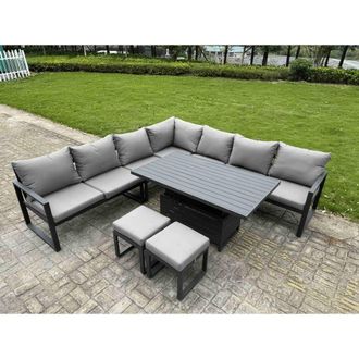 Fimous Aluminum 8 Piece 9-Seater L-Shaped Set with Lifting Table & 2 Stools in Dark Grey