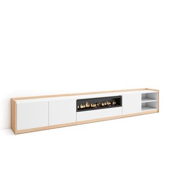 Skraut Home Skraut Home - Mueble Tv, Televisi&oacute;n, 310x37x50cm, Para Tv Hasta 80, Chimenea El&eacute;ctrica, Blanco Y Roble Soft