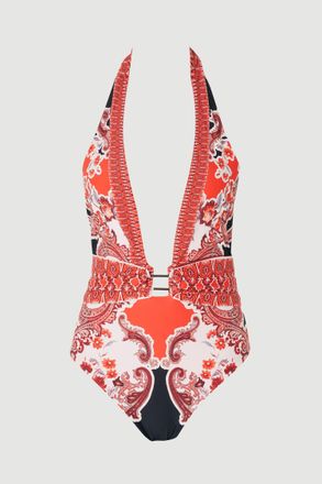 Karen Millen Womens Scarf Mirrored Print Plunge Swimsuit - Red Nylon - Size X-Small