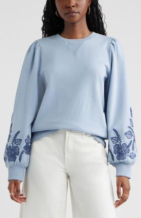 Treasure & Bond Embroidered Sleeve Cotton Sweatshirt in Blue Blizzard Embroidery at Nordstrom, Size Xx-Small