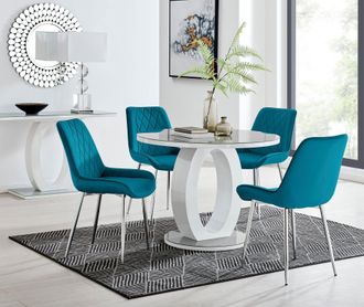 Furniturebox Giovani Round 4 Seat 100cm White High Gloss Halo Base Grey Glass Top Dining Table 4 Soft Velvet Silver Leg Pesaro Chairs in Blue