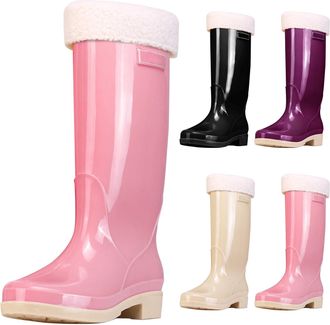 Generic Women Wellington Rain Boots, Knee High Wellies Boots with Plush Lined, Winter Warm Comfortable Chelsea Rainboots Waterproof Non-Slip Gardening Rain Sh