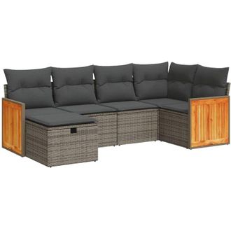 vidaXL Set De Muebles De Jard&iacute;n 6 Pzas Y Cojines Rat&aacute;n Sint&eacute;tico Gris