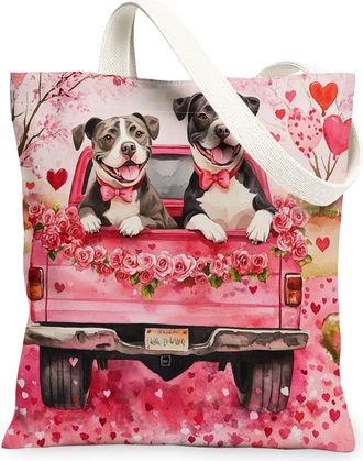 Generic Valentines Day Pitbull Dog Canvas Tote Bag for Shopping 13x15, Fun Truck Puppy Reusable Grocery Print Pattern Bag for Women, Couple Beach Aesthetic Pa