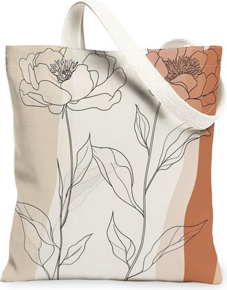 Generic Spring Peony Flower Canvas Tote Bag for Shopping 13x15, Retro Mid Century Florals Reusable Grocery Print Bag for Women, Fun Funky Beach Aesthetic Pain