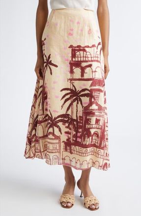Johanna Ortiz Steps of Joy Tropical Print A-Line Linen Skirt in Ecru /Wine at Nordstrom, Size 10