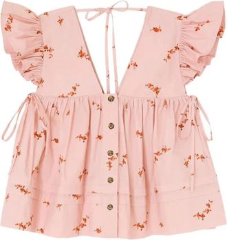 Ganni Gemi&uuml;te Katoenen Blouse met Engelenmouwen - Dames - Blouses - Roze - S - Katoen - Overhemden