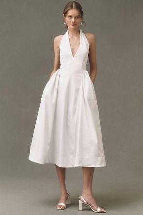 BHLDN Halter-Neck Satin Fit-and-Flare Maxi Dress