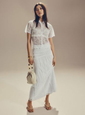 Icone Womens Ruffled stretch lace maxi skirt