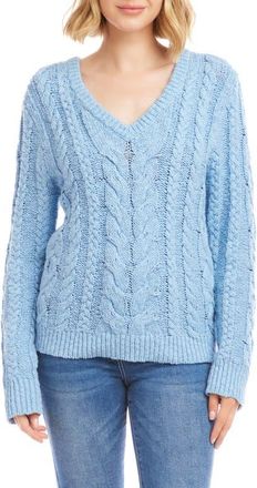 Karen Kane Cable Stitch V-Neck Cotton Sweater in Blue at Nordstrom, Size X-Large