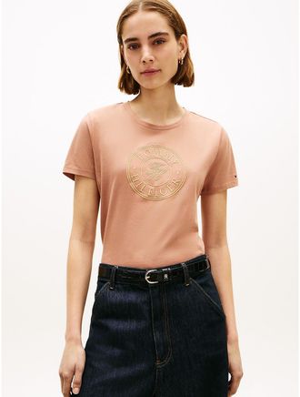 Tommy Hilfiger Womens Embroidered Medallion Logo T-Shirt - Brown - XXL