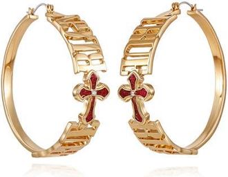 True Religion Logo Cross Hoop Earrings in Gold Tone at Nordstrom