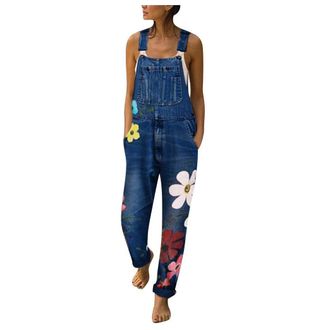 Generic Dungarees Womens Jeans Long Boyfriend Denim Dungarees Flowers Oversize Jeans Loose Fit Denim Trousers Vintage Jeans Dungarees Women Jeans Overalls Pla