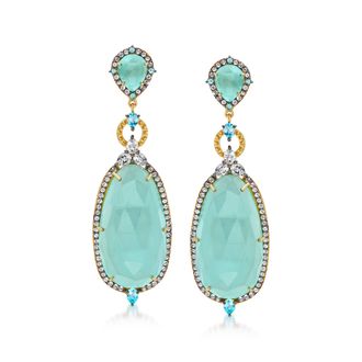Ross-Simons Aqua Chalcedony and Blue and White Topaz Drop Earrings in 18kt Gold Over Sterling