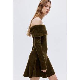 H&M Rib-knit Off-the-shoulder Dress in Dark Khaki Green at Nordstrom, Size Xx-Small