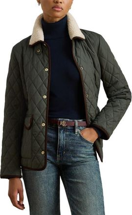 Lauren Ralph Lauren Quilted Faux Shearling Collar Jacket in Litchfield Loden at Nordstrom, Size X-Large